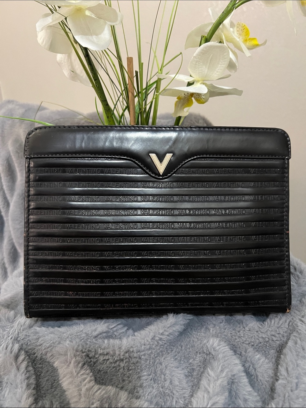 Mario Valentino Vintage Black Logo Leather Clutch GUC retail $349